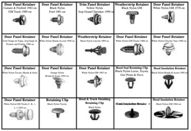 185047 WEATHERSTRIP RETAINERS, HOOD INSULATION & DOOR PANEL CLIPS