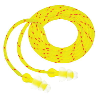 Tri-Flange Earplugs, Elastomeric Polymer, Clear, Cloth Cord, 100 Pairs